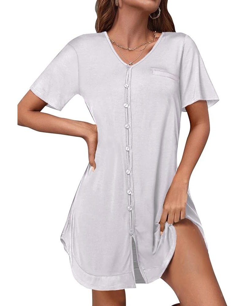 Womens Nightgown Button Down Sleep Shirts Short Sleeve V Neck Boyfriend Night Shirt Comfy Sleepwear B-white $13.99 Sleep & Lo...