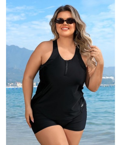 Plus Size Tankini Swimsuits Tops for Women Swim Top Only Tummy Control Bathing Suits Tops Zippered Swimswear Black $17.55 Swi...