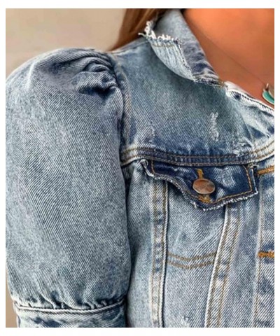 Women's Cropped Jean Jacket Puff Short Sleeve Button Down Denim Coat Crop Top Outerwear B-light Blue $18.24 Jackets