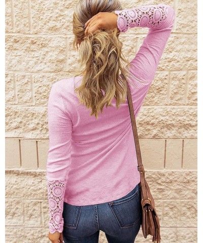 Women's Long Sleeve Lace Trim Tunic Tops Button Down Casual Blouse Cute Crew Neck Ribbed Shirt Light Pink $16.52 Tops