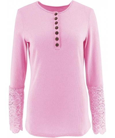 Women's Long Sleeve Lace Trim Tunic Tops Button Down Casual Blouse Cute Crew Neck Ribbed Shirt Light Pink $16.52 Tops