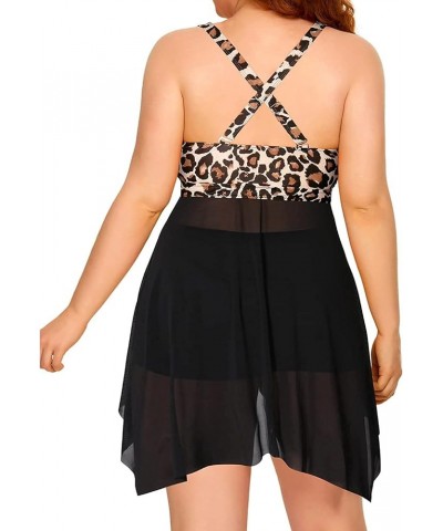 Plus Size Two Piece Swim Dress with Boyshorts for Women Mesh Swimsuits Flowy Bathing Suits Leopard and Black $22.61 Swimsuits