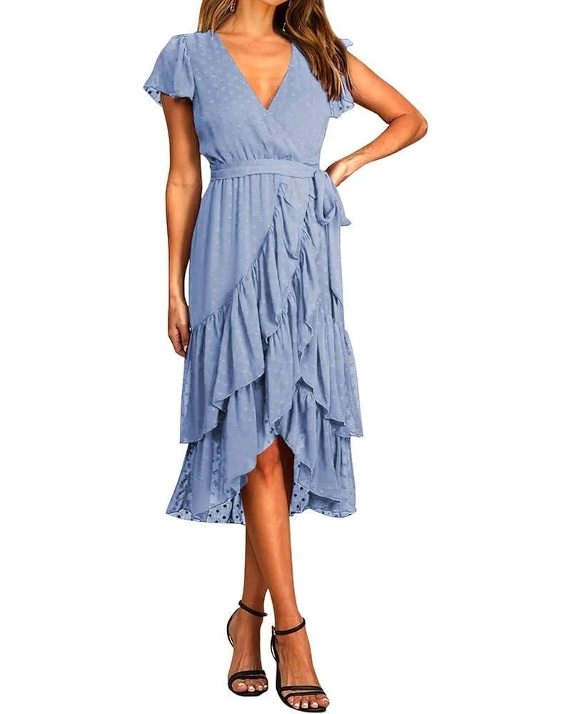 Women Casual Boho Dress V Neck Short Sleeve Chiffon Swiss Dot Belted Ruffle Wrap 2024 Summer Wedding Guest Dresses Swiss Dot ...