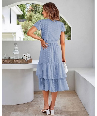 Women Casual Boho Dress V Neck Short Sleeve Chiffon Swiss Dot Belted Ruffle Wrap 2024 Summer Wedding Guest Dresses Swiss Dot ...