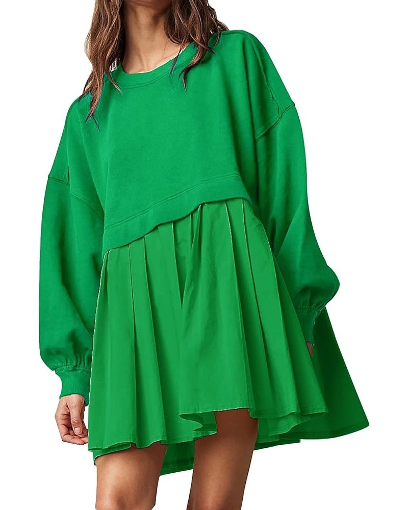 Womens Oversized Sweatshirt Dress Crewneck Patchwork Long Sleeve Pullover Tunic Flowy Pleated Mini Dresses Green $21.41 Dresses