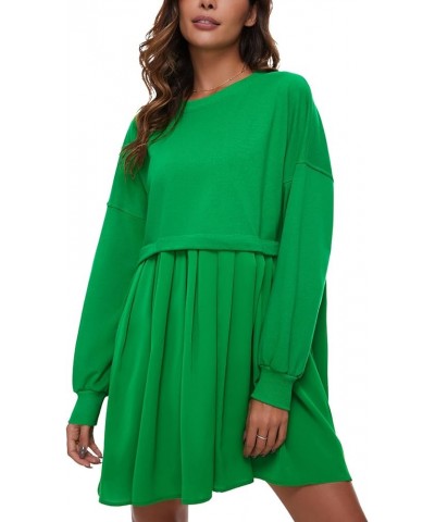 Womens Oversized Sweatshirt Dress Crewneck Patchwork Long Sleeve Pullover Tunic Flowy Pleated Mini Dresses Green $21.41 Dresses