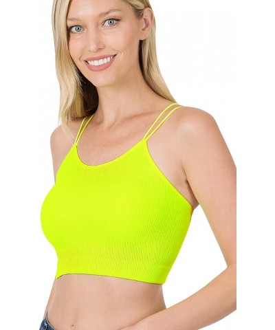 Ribbed Knit Seamless Spaghetti Strap Cropped Cami & Halter Neck Crop Tank Top Double Neon Lime $9.12 Tanks