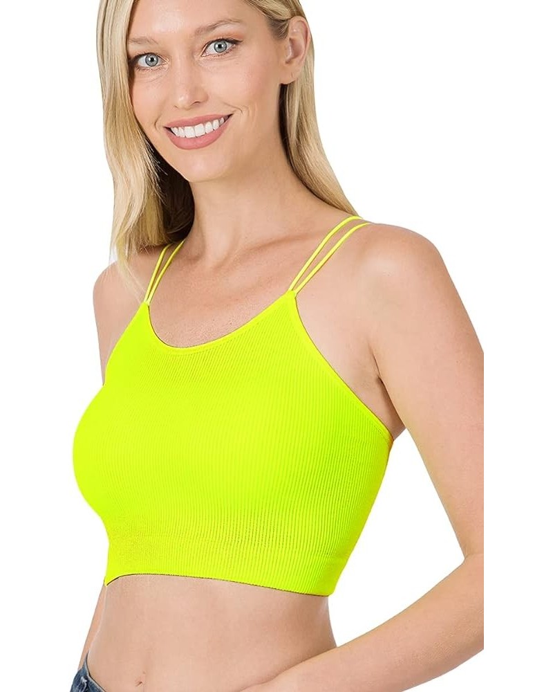 Ribbed Knit Seamless Spaghetti Strap Cropped Cami & Halter Neck Crop Tank Top Double Neon Lime $9.12 Tanks