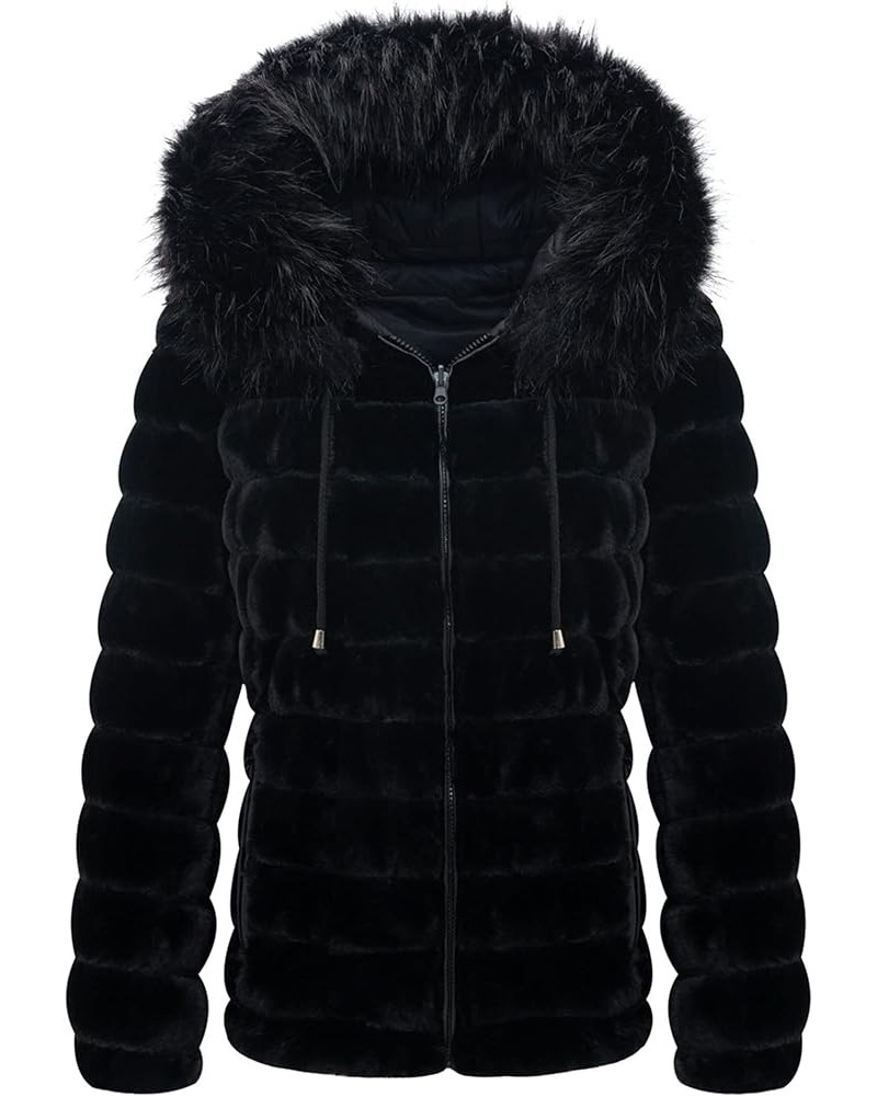 Women Double Sided Faux Fur Jacket Spring and Winter Fashion Reversible Hood Puffer Coat with Fur Collar Black $44.19 Coats