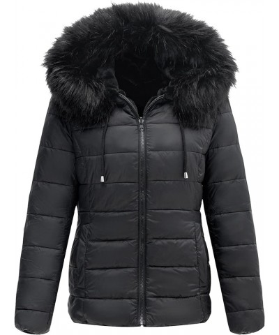 Women Double Sided Faux Fur Jacket Spring and Winter Fashion Reversible Hood Puffer Coat with Fur Collar Black $44.19 Coats