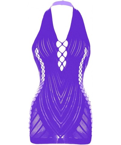 Women Fishnet Lingerie See Through Sleepwear One Piece V-Neck Babydoll Mini Dress One Size Purple $6.75 Lingerie