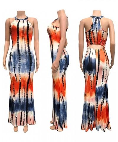 Women Maxi Dress Sexy Sleeveless Halter Neck Print Boho Beach Party Bodycon Mermaid Long Holiday Dresses Sundress Navy Blue $...