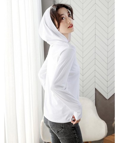 Women's Long-Sleeve Hooded T-Shirt Summer Short Sleeve Solid Color Hoodie Sun Protection Lightweight Cotton Soft Shirt (White...