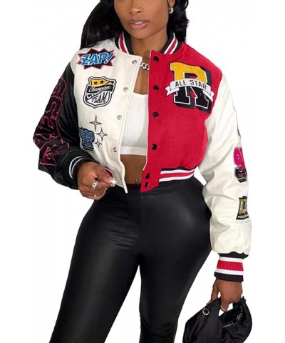 Women's Cropped Varsity Jacket Colorblock Letter Print Button Down Letterman Bomber Coat with Pockets Y2K Streetwear 03red $1...