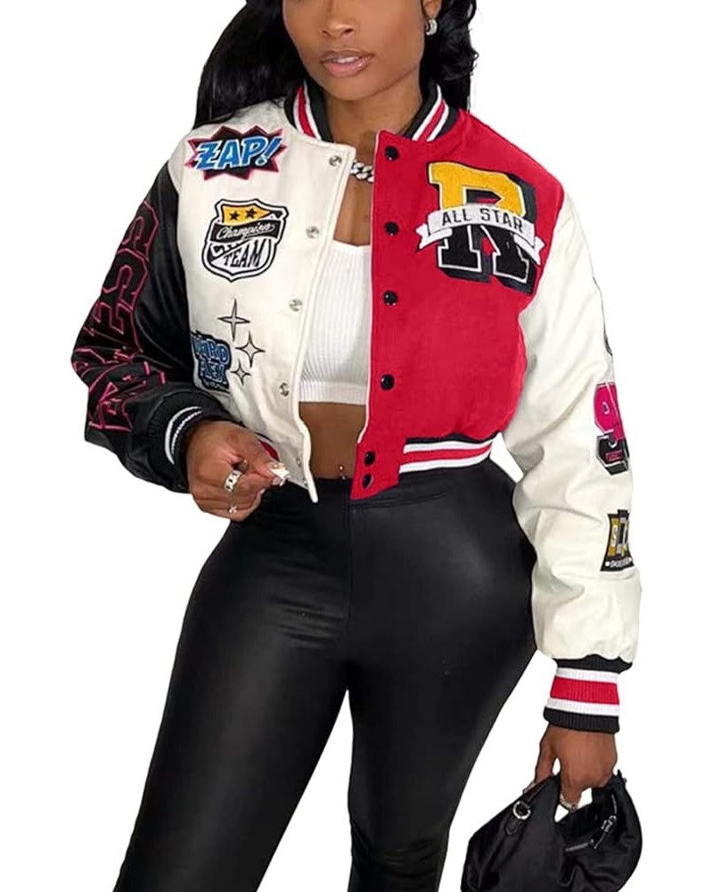 Women's Cropped Varsity Jacket Colorblock Letter Print Button Down Letterman Bomber Coat with Pockets Y2K Streetwear 03red $1...