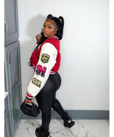 Women's Cropped Varsity Jacket Colorblock Letter Print Button Down Letterman Bomber Coat with Pockets Y2K Streetwear 03red $1...