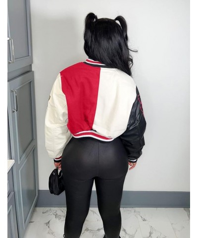 Women's Cropped Varsity Jacket Colorblock Letter Print Button Down Letterman Bomber Coat with Pockets Y2K Streetwear 03red $1...