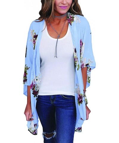 Women's Sheer Chiffon Summer Blouse Tops Kimono Cardigan Floral Casual Loose Cover Ups Swimwear Blue $13.05 Swimsuits