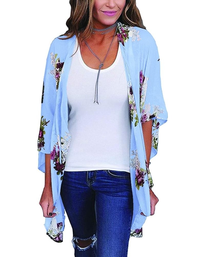 Women's Sheer Chiffon Summer Blouse Tops Kimono Cardigan Floral Casual Loose Cover Ups Swimwear Blue $13.05 Swimsuits