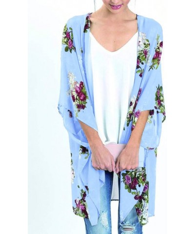 Women's Sheer Chiffon Summer Blouse Tops Kimono Cardigan Floral Casual Loose Cover Ups Swimwear Blue $13.05 Swimsuits