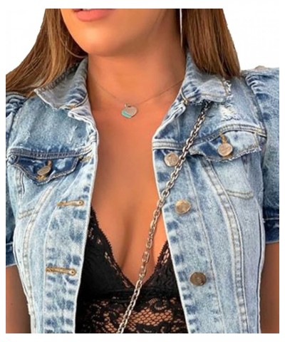 Women's Cropped Jean Jacket Puff Short Sleeve Button Down Denim Coat Crop Top Outerwear B-light Blue $18.24 Jackets