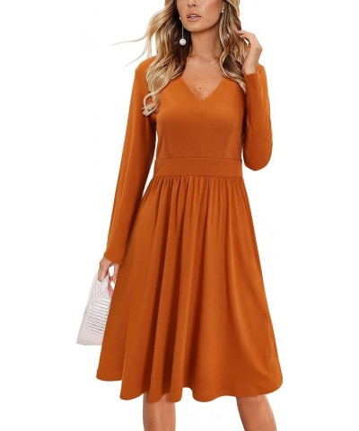 Women's Fall Casual Long Sleeve Dresses V Neck Swing Midi Dress with Pockets Long Sleeve Long Sleeve- Caramel $13.86 Others