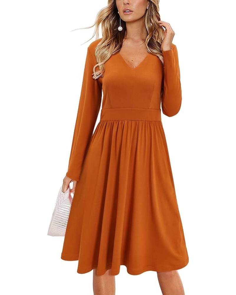 Women's Fall Casual Long Sleeve Dresses V Neck Swing Midi Dress with Pockets Long Sleeve Long Sleeve- Caramel $13.86 Others