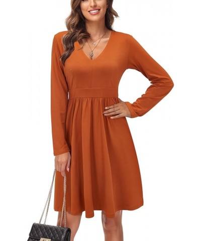 Women's Fall Casual Long Sleeve Dresses V Neck Swing Midi Dress with Pockets Long Sleeve Long Sleeve- Caramel $13.86 Others