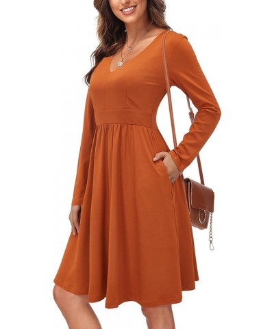 Women's Fall Casual Long Sleeve Dresses V Neck Swing Midi Dress with Pockets Long Sleeve Long Sleeve- Caramel $13.86 Others