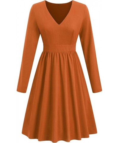 Women's Fall Casual Long Sleeve Dresses V Neck Swing Midi Dress with Pockets Long Sleeve Long Sleeve- Caramel $13.86 Others