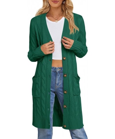 Women's 2024 Long Sleeve Cable Knit Long Cardigan Open Front Button Sweater Outerwear Dark Green $21.07 Sweaters