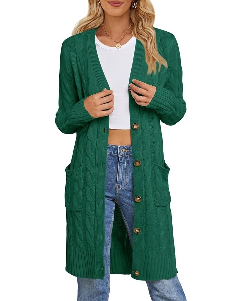 Women's 2024 Long Sleeve Cable Knit Long Cardigan Open Front Button Sweater Outerwear Dark Green $21.07 Sweaters