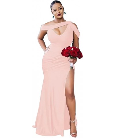 Shiny Satin Bridesmaid Dresses Long One Shoulder Mermaid Prom Dresses Formal Evening Gowns for Women with Slit Blush $28.97 D...