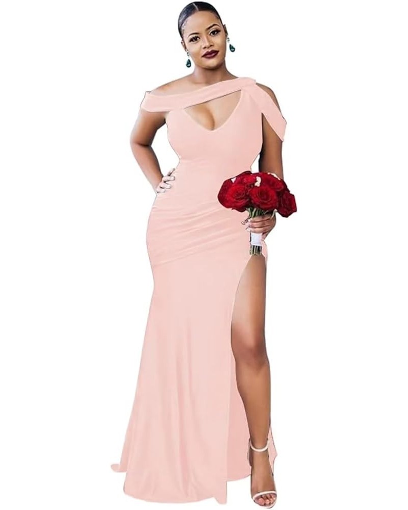 Shiny Satin Bridesmaid Dresses Long One Shoulder Mermaid Prom Dresses Formal Evening Gowns for Women with Slit Blush $28.97 D...