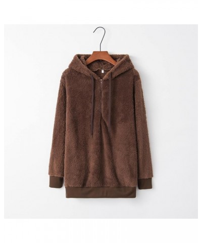 Sherpa Fleece Pullover Hoodies for Women Long Sleeve Hooded Sweatshirt Solid Color Plain Sweater Half Zip Brown $10.29 Hoodie...