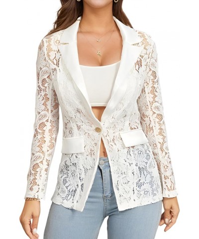 Women's Floral Lace Mesh Single Button Lapel Neck Long Sleeve Elegant Blazer Jacket White $18.86 Blazers