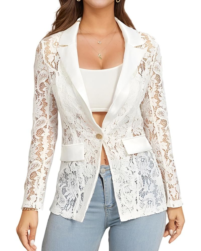 Women's Floral Lace Mesh Single Button Lapel Neck Long Sleeve Elegant Blazer Jacket White $18.86 Blazers