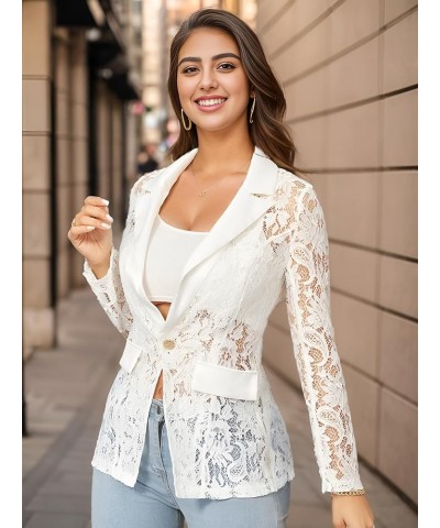 Women's Floral Lace Mesh Single Button Lapel Neck Long Sleeve Elegant Blazer Jacket White $18.86 Blazers