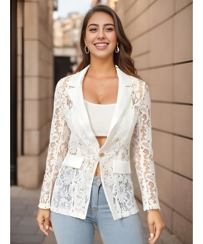 Women's Floral Lace Mesh Single Button Lapel Neck Long Sleeve Elegant Blazer Jacket White $18.86 Blazers