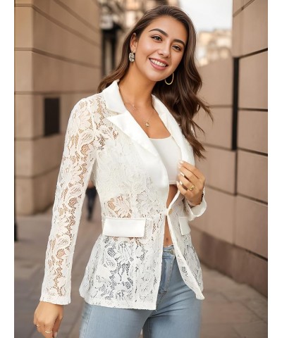 Women's Floral Lace Mesh Single Button Lapel Neck Long Sleeve Elegant Blazer Jacket White $18.86 Blazers