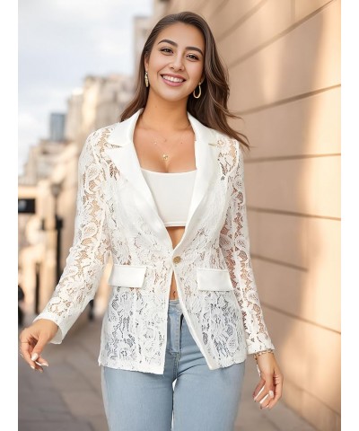 Women's Floral Lace Mesh Single Button Lapel Neck Long Sleeve Elegant Blazer Jacket White $18.86 Blazers