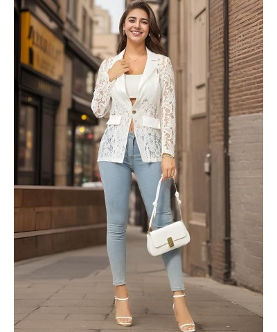 Women's Floral Lace Mesh Single Button Lapel Neck Long Sleeve Elegant Blazer Jacket White $18.86 Blazers