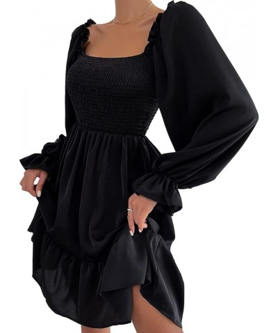 Women's Square Neck Long Puff Sleeve Dress A-line Smocked Ruffle High Waist Mini Sundress Black $15.20 Dresses