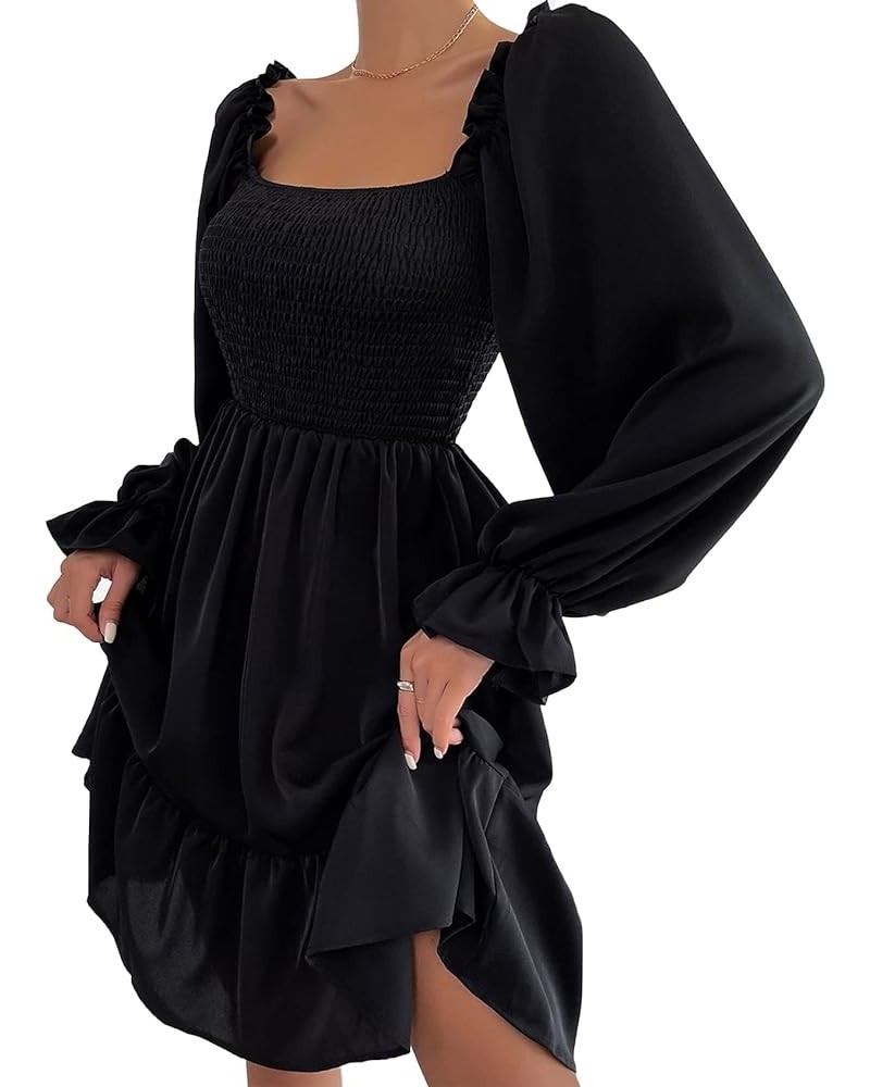 Women's Square Neck Long Puff Sleeve Dress A-line Smocked Ruffle High Waist Mini Sundress Black $15.20 Dresses