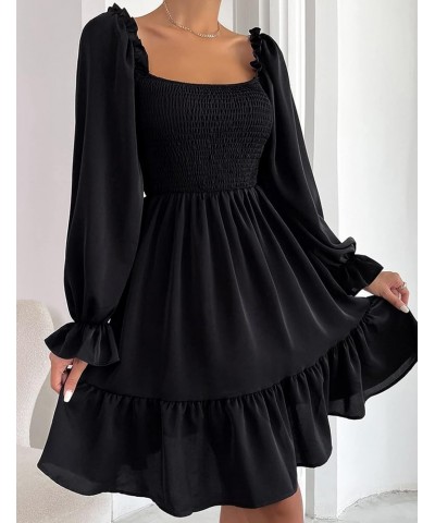 Women's Square Neck Long Puff Sleeve Dress A-line Smocked Ruffle High Waist Mini Sundress Black $15.20 Dresses