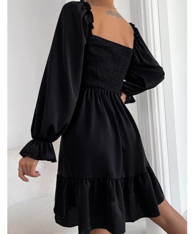 Women's Square Neck Long Puff Sleeve Dress A-line Smocked Ruffle High Waist Mini Sundress Black $15.20 Dresses