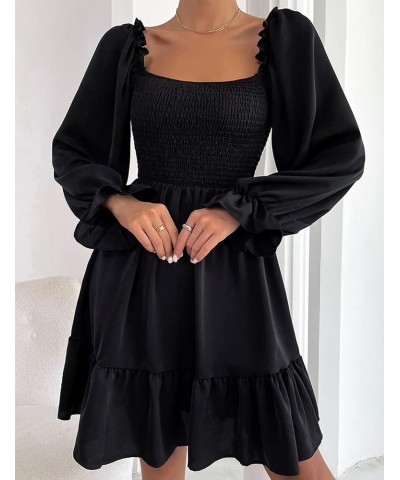 Women's Square Neck Long Puff Sleeve Dress A-line Smocked Ruffle High Waist Mini Sundress Black $15.20 Dresses