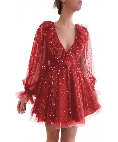 Sparkly Starry Homecoming Dresses Tulle Long Sleeve Ruffle Short Prom Cocktail Dress 01-red $34.50 Dresses