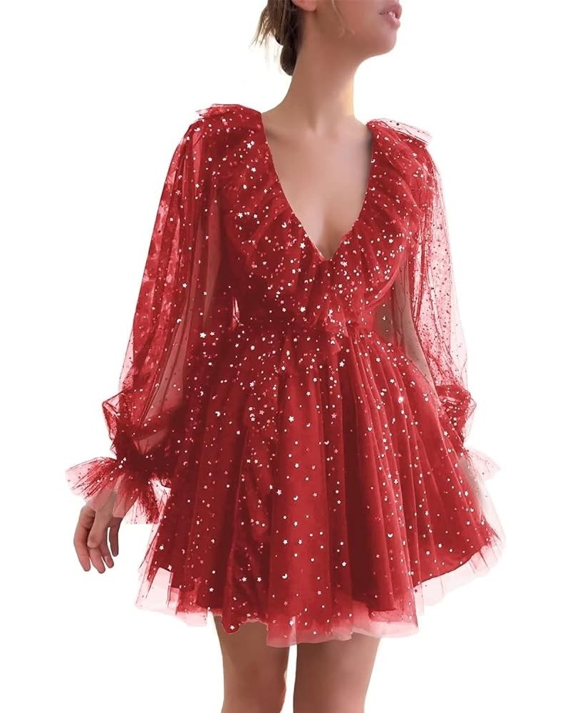 Sparkly Starry Homecoming Dresses Tulle Long Sleeve Ruffle Short Prom Cocktail Dress 01-red $34.50 Dresses