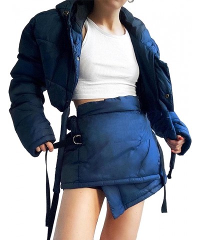 Women's Stylish Quilted Jacket 2 Piece Outfit Zip Up Hooded Short Down Crop Coat Lace Up Bandage Puffer Skort Set Blue $29.67...